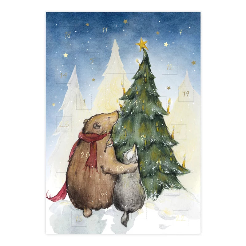 Adventskalenderkarte Dachs und Bär am Weihnachtsbaum von Sophia Drescher AK7