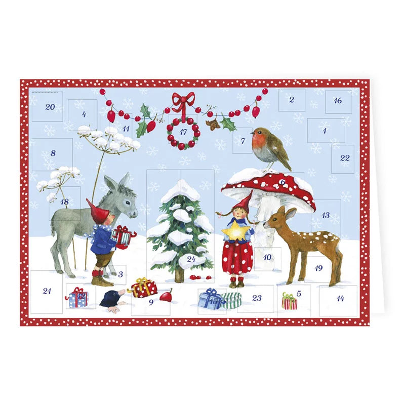 Adventskalenderkarte Pippa und Pelle mit Wichtelkindern und Reh von Daniela Drescher AK2