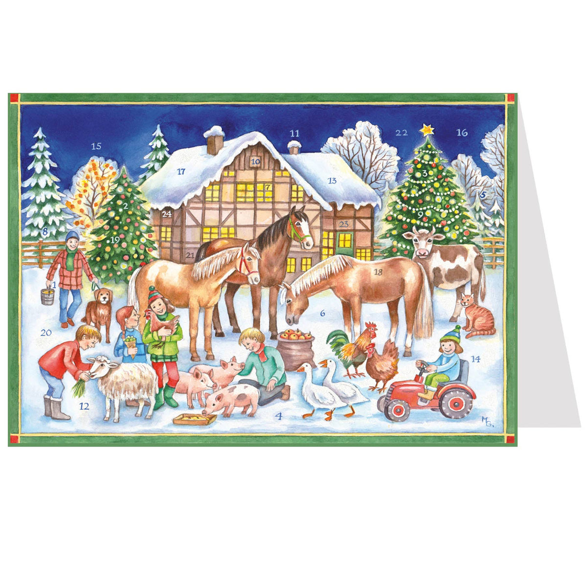 Adventskalenderkarte Weihnachten mit den Tieren, Kinder und Tiere vor Bauernhof- AK59