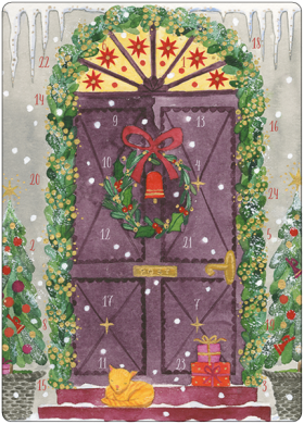 Adventskalenderkarte Weihnachtliche Hausür zeigt eine geschmückte Haustür mit Glocke, Illustriert von Birgitte Els-Schleuder