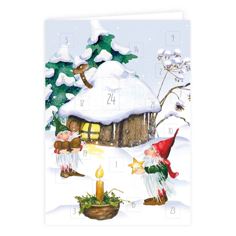 Adventskalenderkarte Weihnachtswichtel mit Hütte und Stern von Daniela Drescher AK32