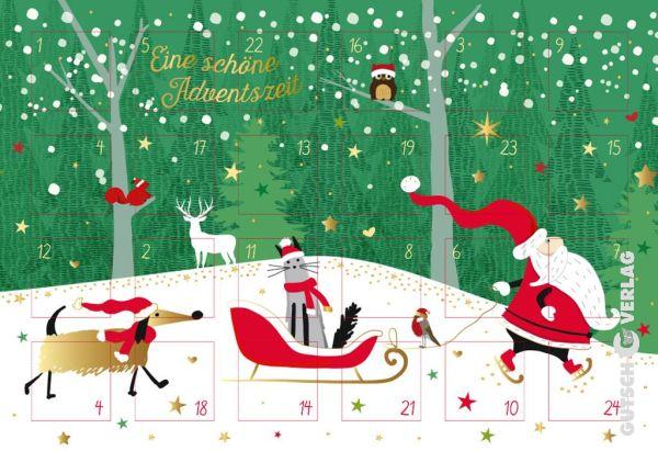 Adventskalenderkarte Weihnachtsmann, mit Hund und Katze, von Gutsch Verlag