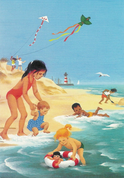 Waldorf Postkarte Am Strand von Gerda Muller – Kinder beim Drachensteigen am Leuchtturm