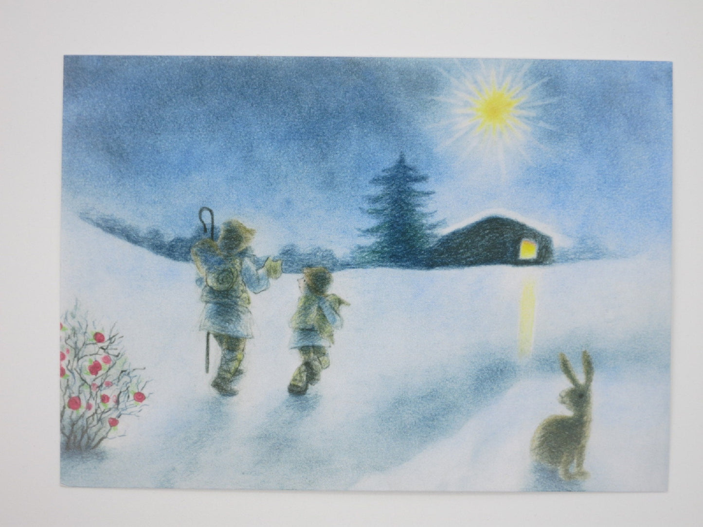 Adventskarte fuer Kinder: Hirte und Kind auf dem Weg zum Stall im Schnee, Kunst-Postkarte von Sanne Dufft