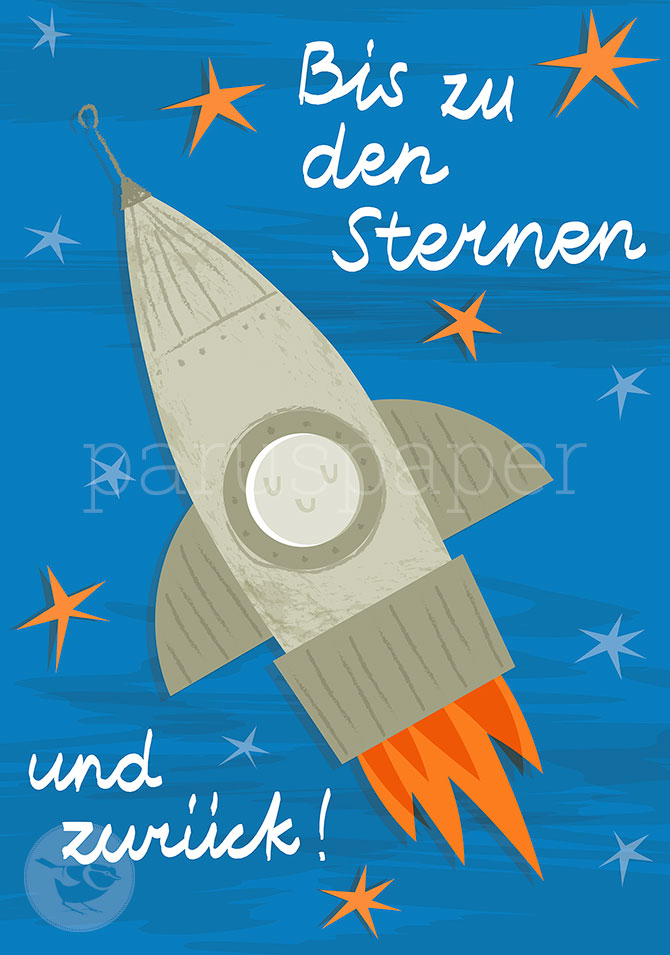 Postkarte Bis zu den Sternen: Retro-Rakete mit Mondgesicht – PKGR59