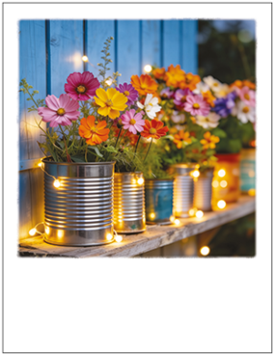 Postkarte Blumen in Dosen mit Lichterkette – PKGR161