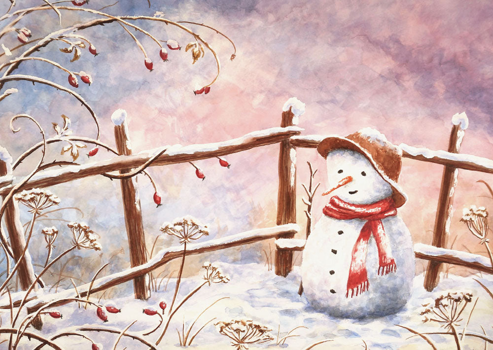 Postkarte für Kinder mit kleinem Schneemann am Gartenzaun, Raphaela Berendt, Waldorf Jahreszeitentisch