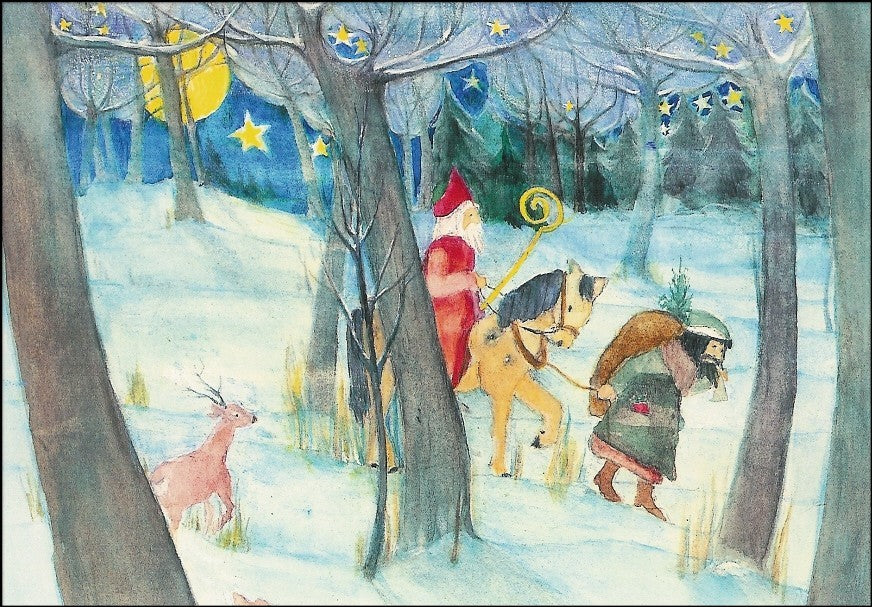 Kunstpostkarte Der Nikolaus von Eva-Maria Ott-Heidmann – Nikolaus und Knecht Ruprecht im Winterwald, PKWI21
