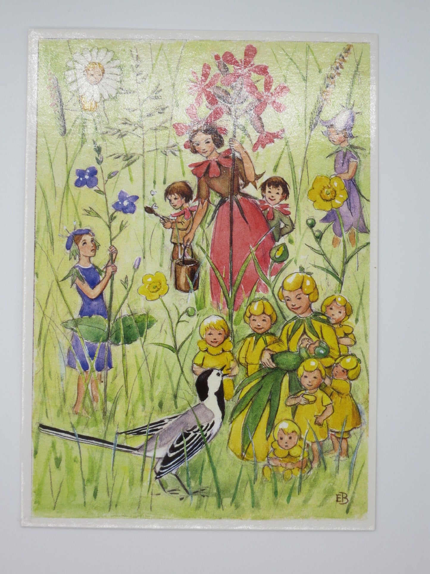 Waldorf Postkarte Die Blumenkinder von Elsa Beskow mit Löwenzahn- und Glockenblumen-Kindern in der Wiese