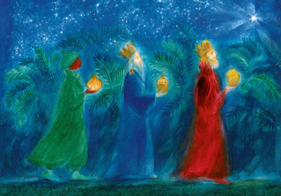 Postkarte Drei Koenige von Marie Laure Viriot, die Heiligen Drei Koenige ziehen nachts zum Stern von Bethlehem