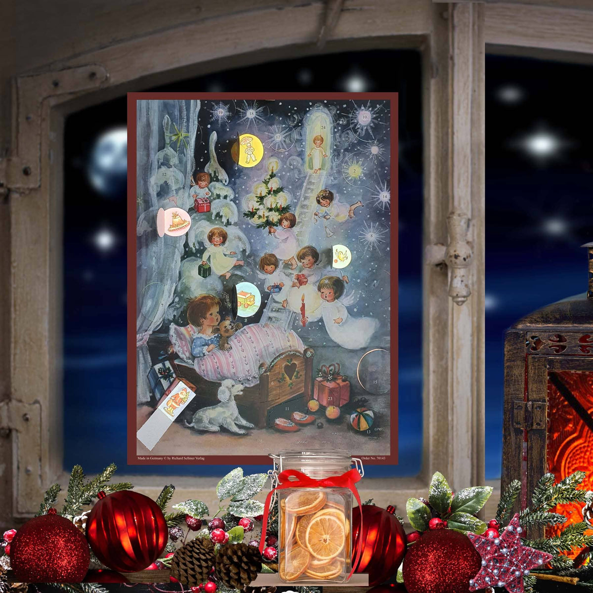 Papier-Adventskalender Engelstraum am Fenster mit geöffneten, leuchtenden Rückbildern, AK72