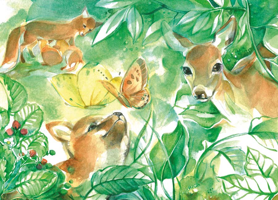 April - Waldorf-Postkarte mit Fuchsfamilie, Schmetterling und Reh