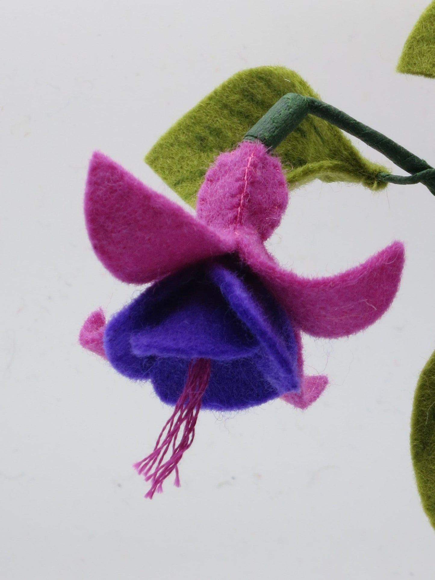 Detailansicht einer hängenden Fuchsienblüte aus Wollfilz in Pink und Violett mit langen Staubfäden und grünem Blatt.