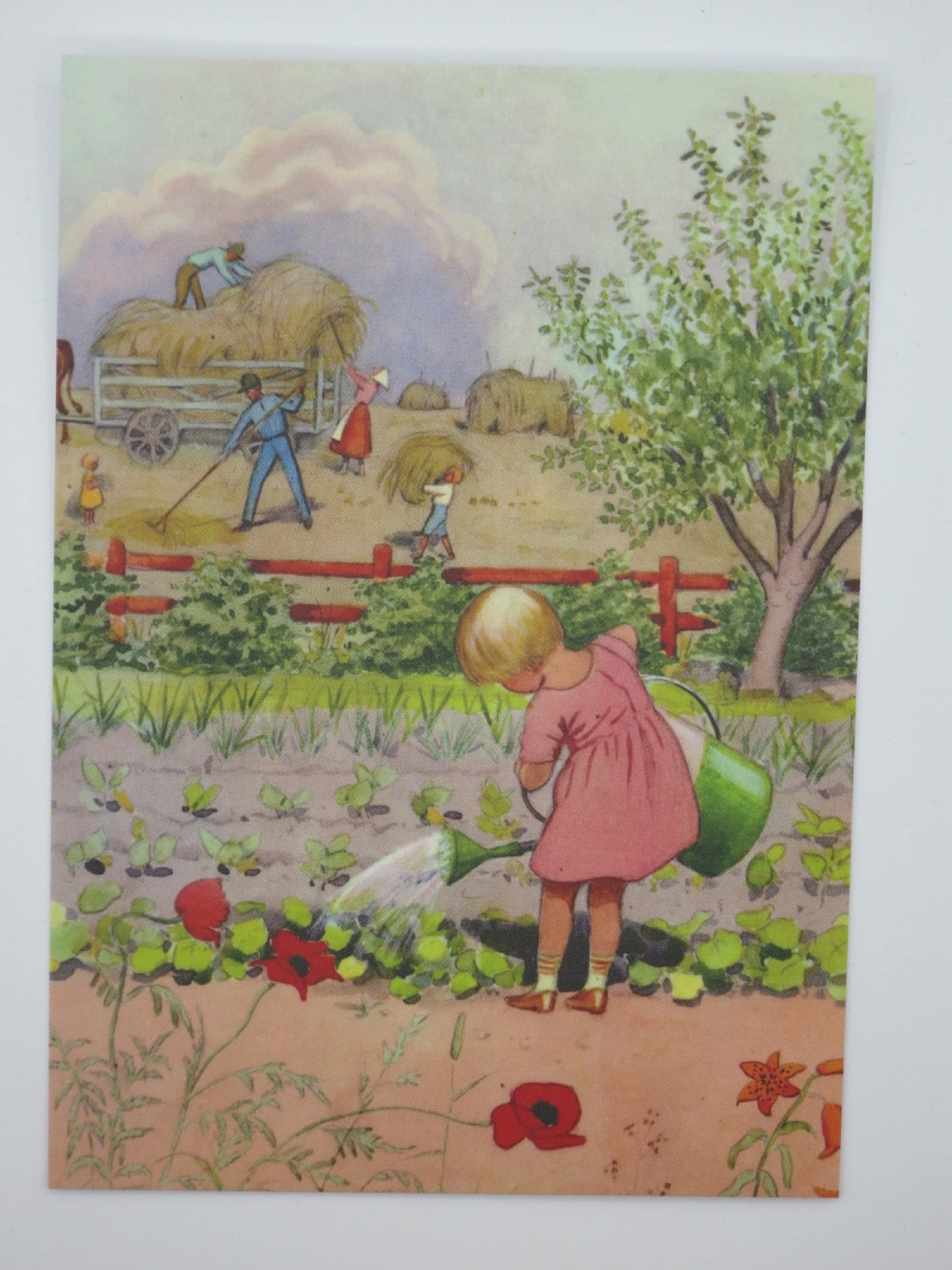 Postkarte Gartenarbeit von Elsa Beskow: Maedchen giesst Gemuesebeet, Heuernte im Hintergrund