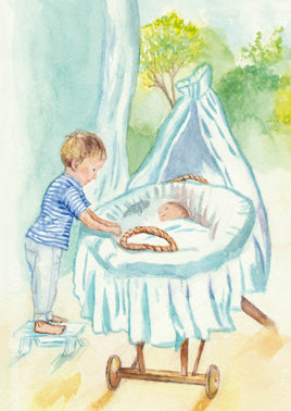 Postkarte Grosser Bruder von Anne C. Wenzel – Junge schaut in die Wiege des Babys