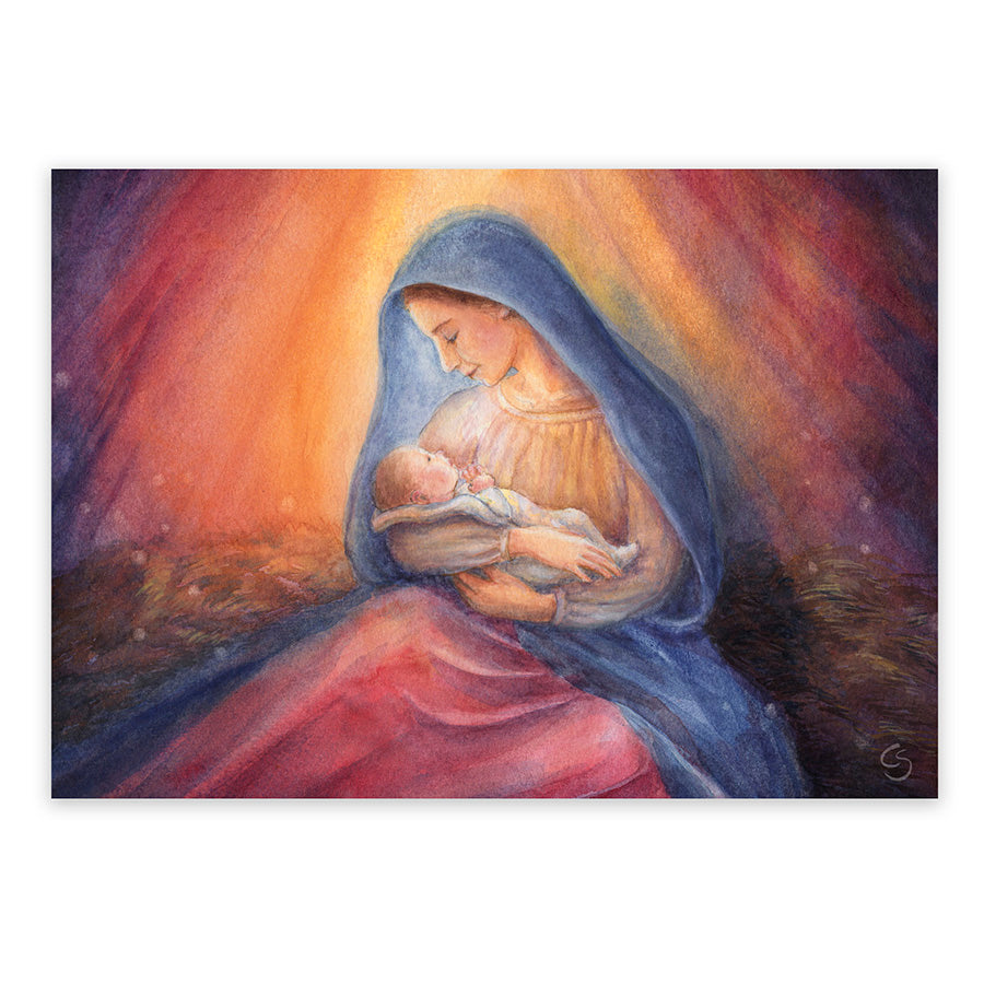 Weihnachtspostkarte Heilige Nacht: Maria haelt neugeborenes Kind, Postkarte von Corinna Schwerdtfeger