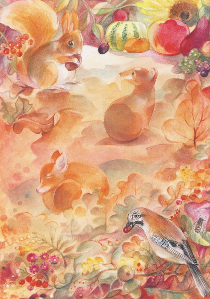 Postkarte Herbstleben: Eichhörnchen, Fuchs und Eichelhäher im Herbst, Marie Laure Viriot, Art. PKHE8