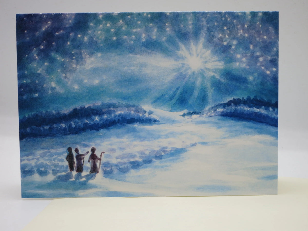 Weihnachtskarte Hirtennacht, ganze Karte mit Hirten unter dem leuchtenden Nachthimmel