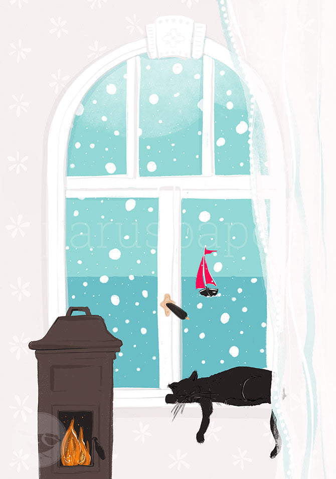 Postkarte Katze am verschneiten Fenster von Antje Theres Kral, schwarze Katze schlaeft am Kaminofen