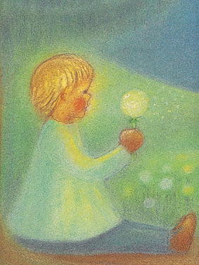 Waldorf Postkarte Kind mit Pusteblume von Ruth Elsaesser: Kind blaest Pusteblumensamen in den Wind