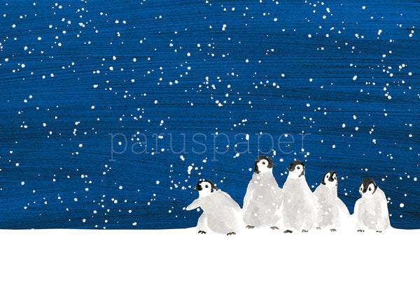 Kleine Pinguine Postkarte für Kinder – Kaiserpinguin-Küken im Schnee, Analuz Sousa, Jahreszeitentisch