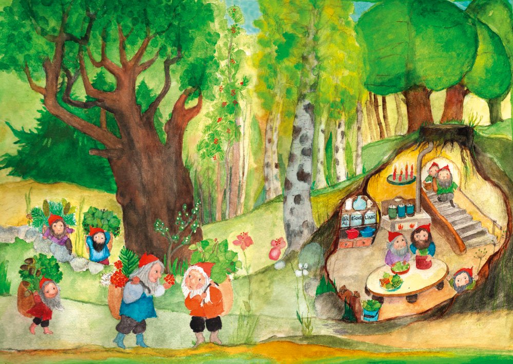 Waldorf Postkarte Kräuterzwerge von Eva-Maria Ott-Heidmann: Wichtel sammeln Kräuter und Beeren im Wald