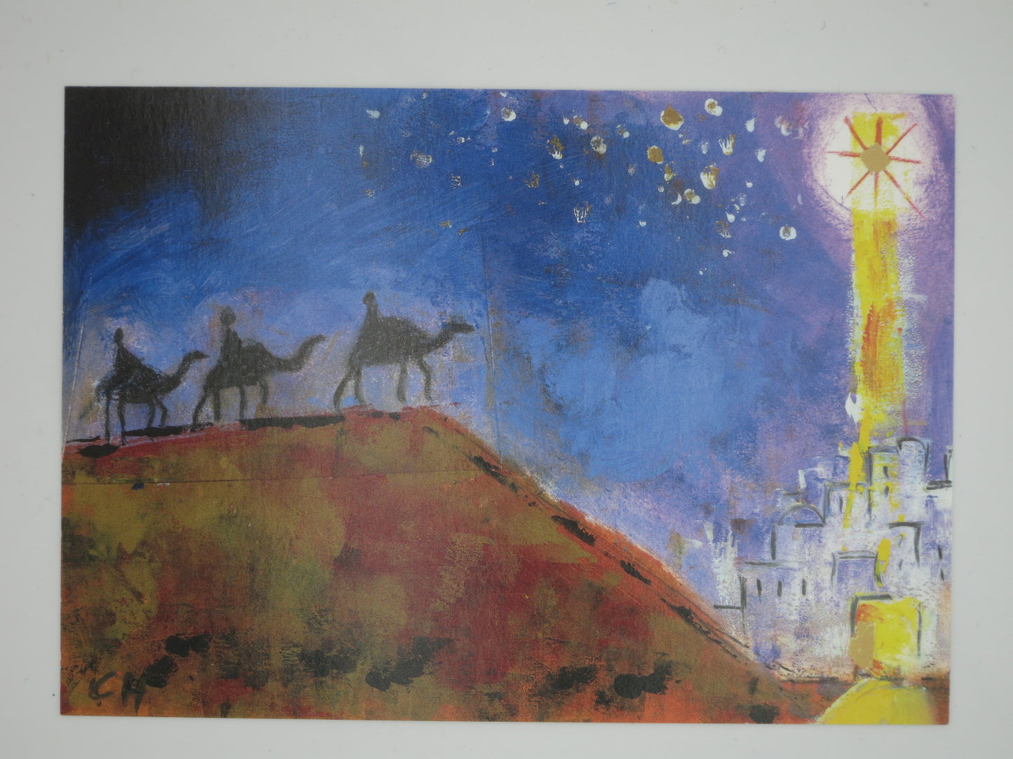 Weihnachtspostkarte „Stern der Sehnsucht“ von Christel Holl: Heilige Drei Könige auf Kamelen unter dem Stern von Bethlehem, ausdrucksstarke Kunst-Postkarte