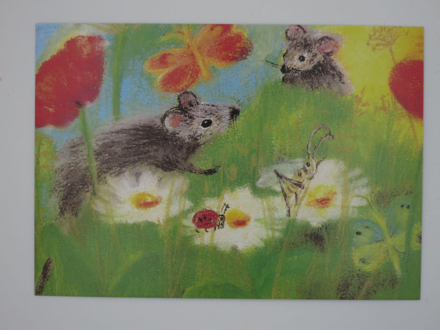 Postkarte Mäuse mit Blumen von Dorothea Schmidt: zwei Mäuse zwischen Mohnblumen und Gänseblumen in Pastellkreide