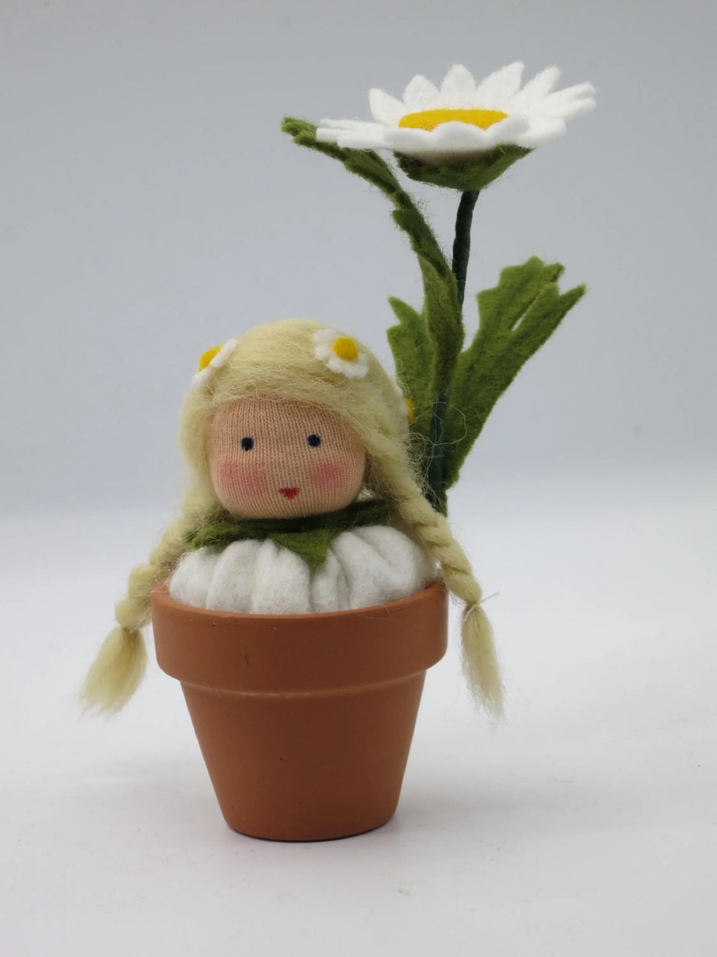 Vorderansicht des Margeriten-Topfblümchens mit geflochtenem blondem Wollhaar, weißem Filzkleid und großer Margeritenblüte.