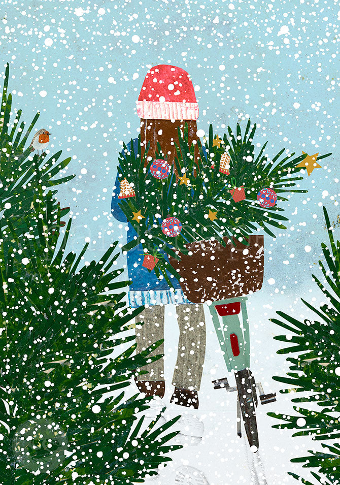 Mein Weihnachtsbaum Weihnachtspostkarte – Baumtransport mit Fahrrad im Schnee, Kerstin Ax, Jahreszeitentisch