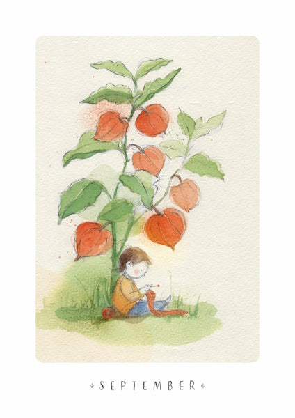 Kind sitzt strickend unter einer Lampionblume – Monatskarte September von Stefanie Messing