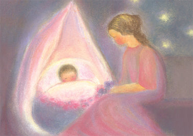Kunstdruck Mutter von Ruth Elsaesser: Mutter wacht ueber die Wiege ihres Babys unterm Sternenhimmel