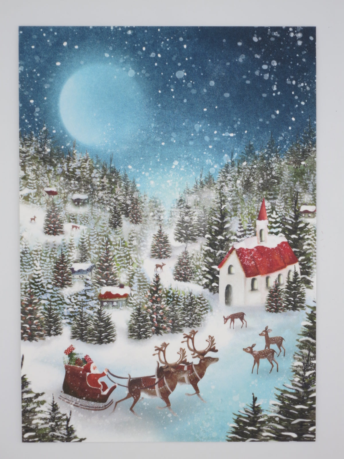 Weihnachtskarte fuer Kinder: Weihnachtsmann im Schlitten ueber verschneitem Dorf, Postkarte von Bijdehansje