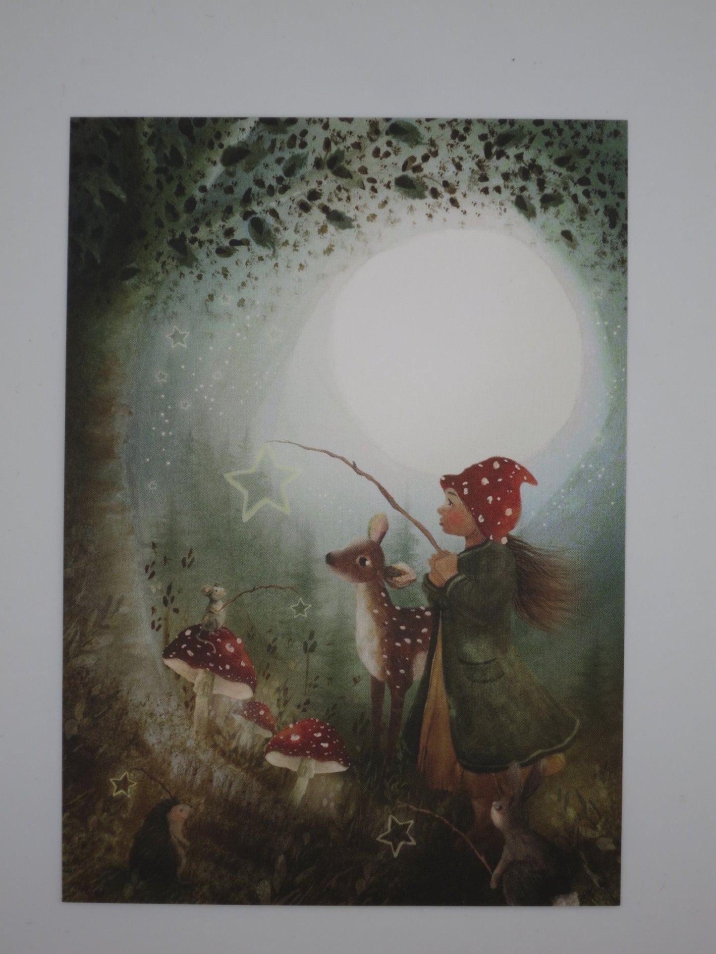 Postkarte Leuchtende Nacht von Bijdehansje: Mädchen und Reh angeln nach Sternen unter riesigem Vollmond