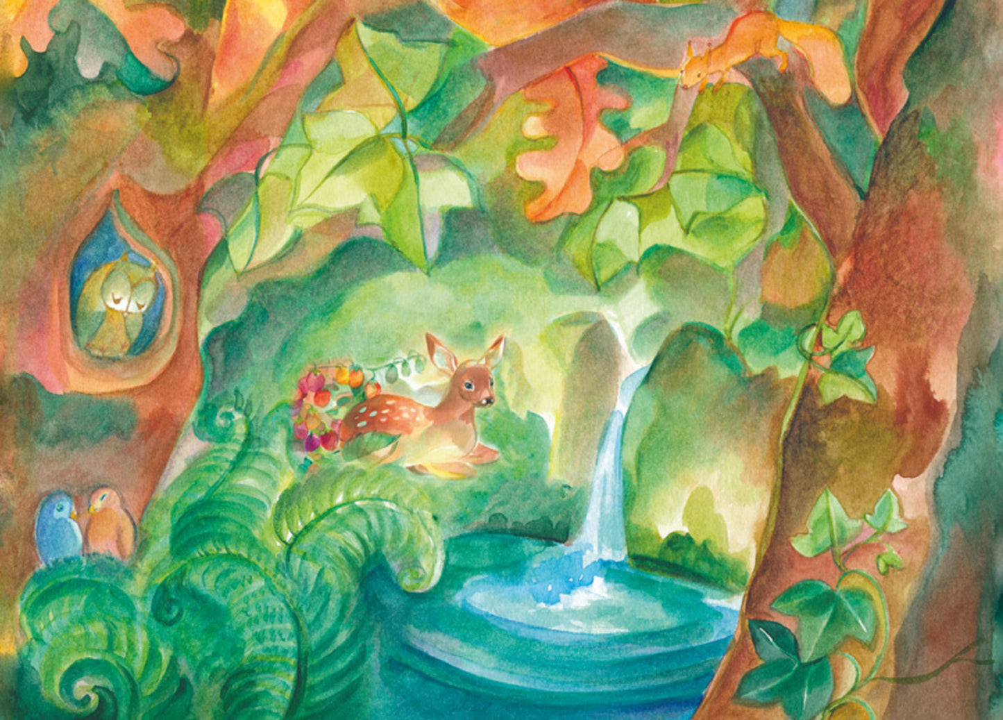 Postkarte Die Zauberquelle von Marie Laure Viriot: Rehkitz, Eule und Eichhörnchen an einer Waldquelle