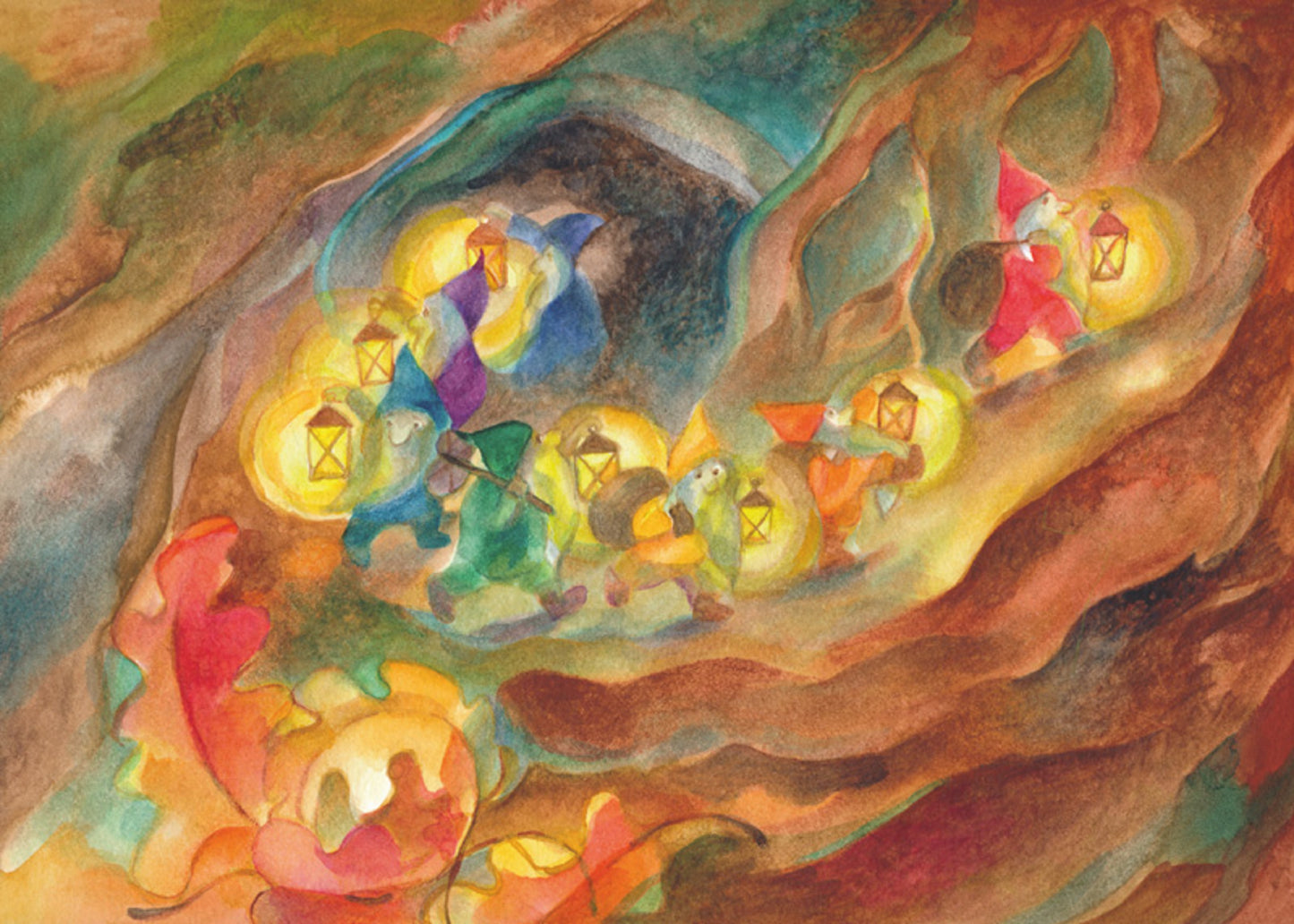 Aquarell-Postkarte Die 7 Zwerge von Marie Laure Viriot: sieben Zwerge mit Laternen in einem Stollen