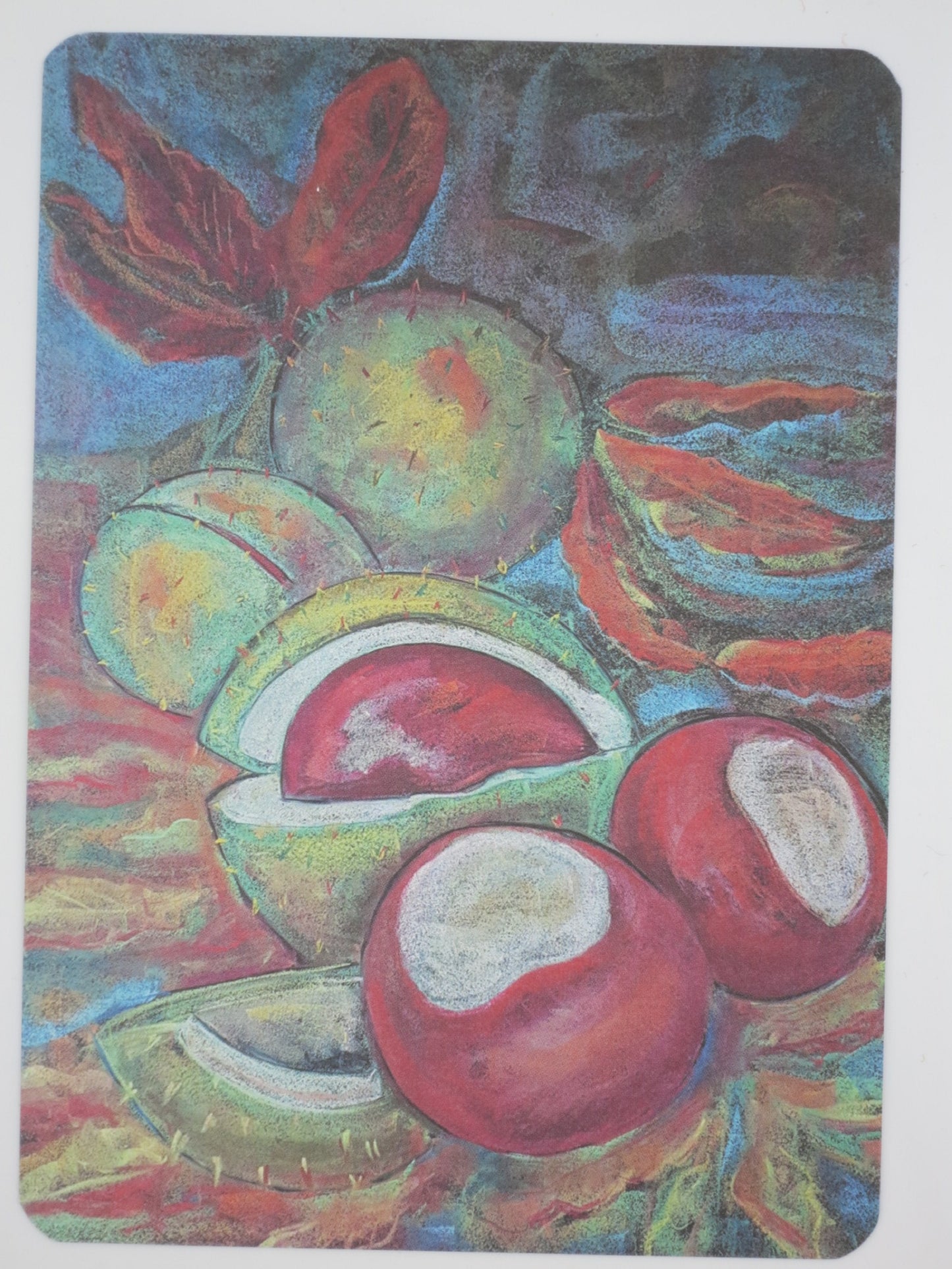 Postkarte Kastanien von Geertje Kapteijns: aufgesprungene Rosskastanien mit sichtbarem Nabelfleck