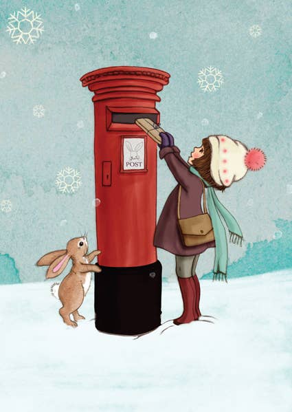 Winterkarte Briefe versenden, Mädchen am Briefkasten, illustriert von Belle & Boo