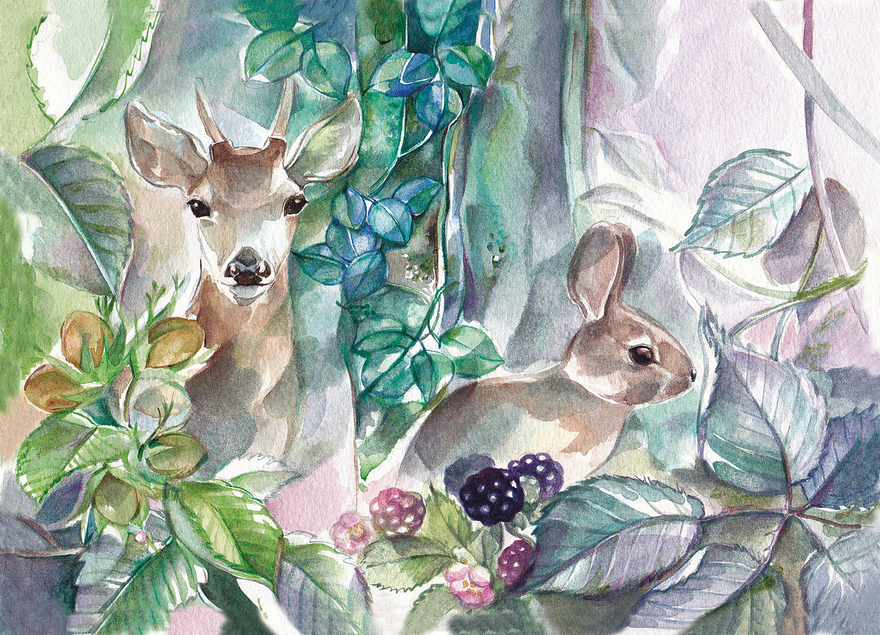 Herbst Postkarte Erste Regentropfen PKHE242: Reh und Hase in dichtem Blätterwald mit Nuessen und Brombeeren
Aquarell von Marie Laure Viriot