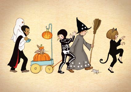 Postkarte Halloween-Parade , Zug verkleideter Kinder, Illustriert von Belle&Boo