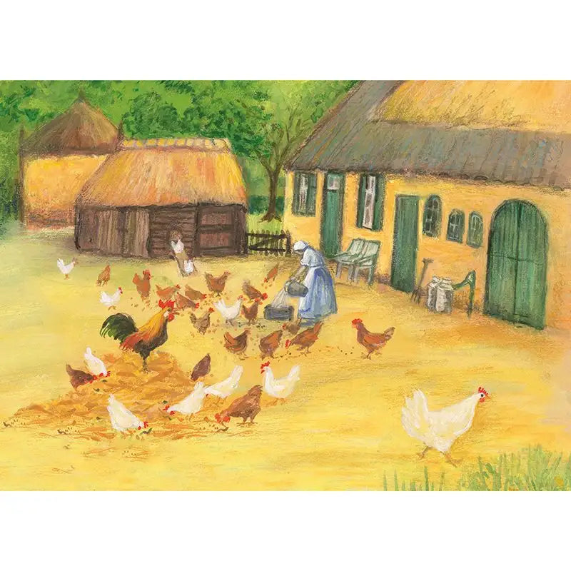Postkarte Hühnerhof, Hühner picken im Hof, Illustration von Marjan van Zeil