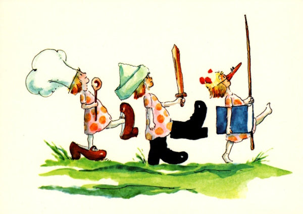 Postkarte Kinderfest von Helme Heine: Kinder in Kostuemen im Gaensemarsch