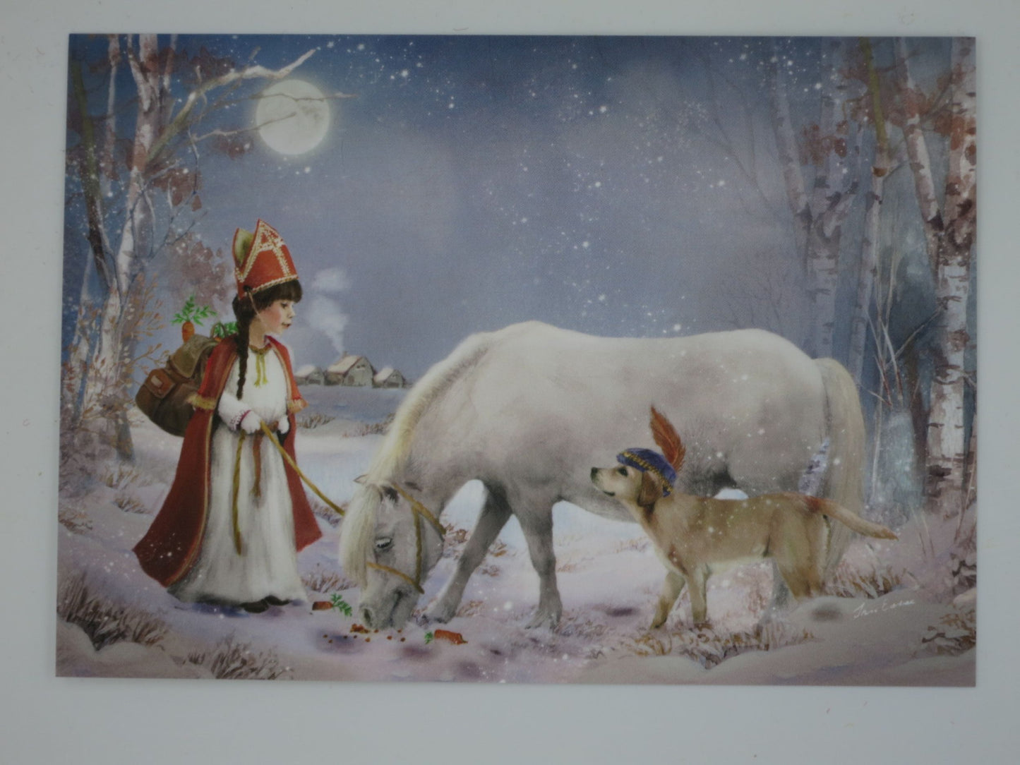 Winter Postkarte Klaasje PKWI318: Maedchen als Nikolaus mit Pony und Hund im Schnee
Zeichnung von Iris Esther