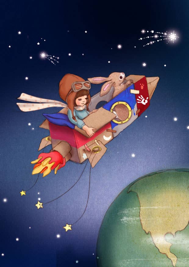Postkarte Kleines Raumschiff zeigt Junge in Rakete mit Hase, illustriert von Belle&Boo