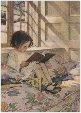 Herbst Postkarte Lesendes Maedchen PKHE176: Kind liest vertieft auf Fensterkissen, Illustration von Jessie Willcox Smith