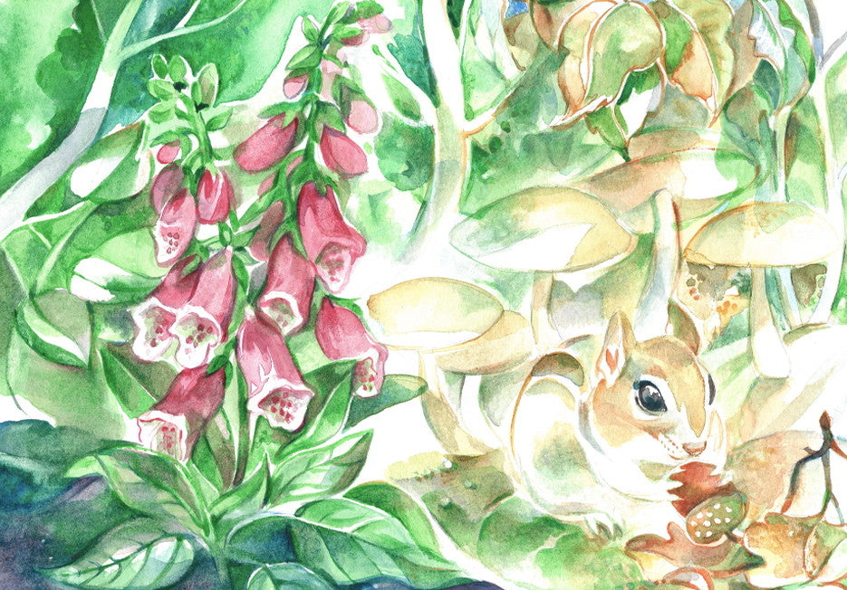 Herbst Postkarte Mahlzeit PKHE224: gestreiftes Nagetier knabbert an Eichel neben bluehendem Fingerhut, Aquarell von Marie Laure Viriot