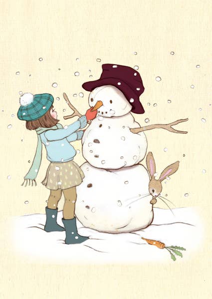 Postkarte Mein Schneemann, Mädchen und Hase mit Schneemann, von Belle & Boo