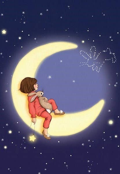 Postkarte Mondkuscheln, Mädchen und Hase im Mond, von Belle & Boo