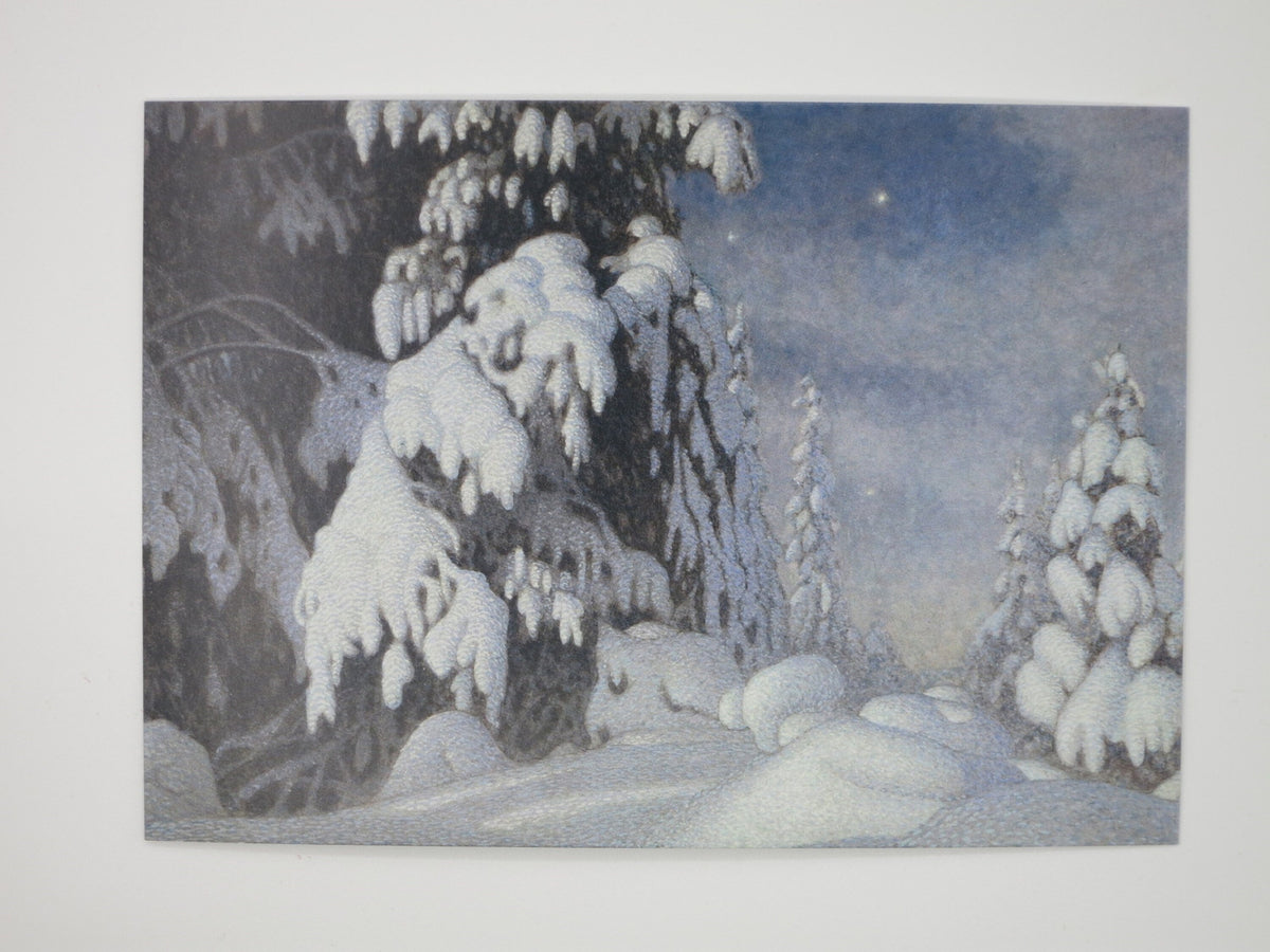 Postkarte Mondschein im Winter, verschneiter Wald, gezeichnet von Gustaf Fjaestad
