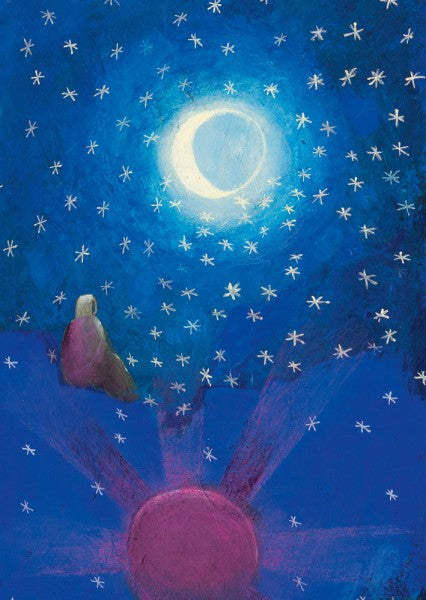 Postkarte Nacht: Kind blickt zu Mondsichel und Sternenhimmel empor, symbolische Kunst von Christiane Lesch